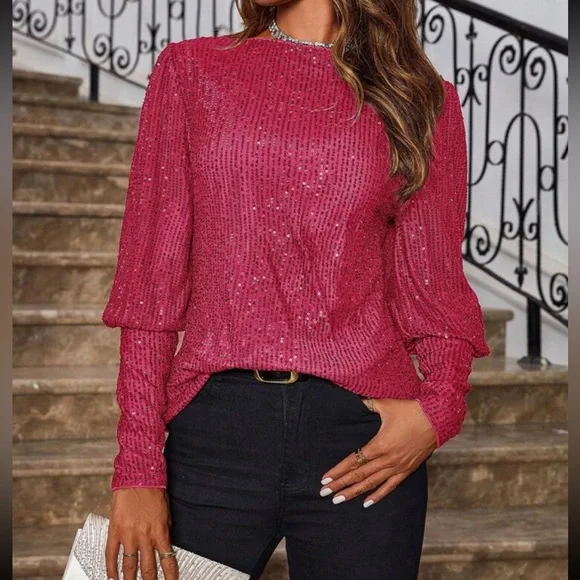 Luxe Sequin Cuff Long Sleeve Evening Party Formal Top Blouse Shirt Hot Pink - Picture 1 of 11